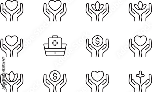 Charitable Hands Offering Support Icons Collection Line Art