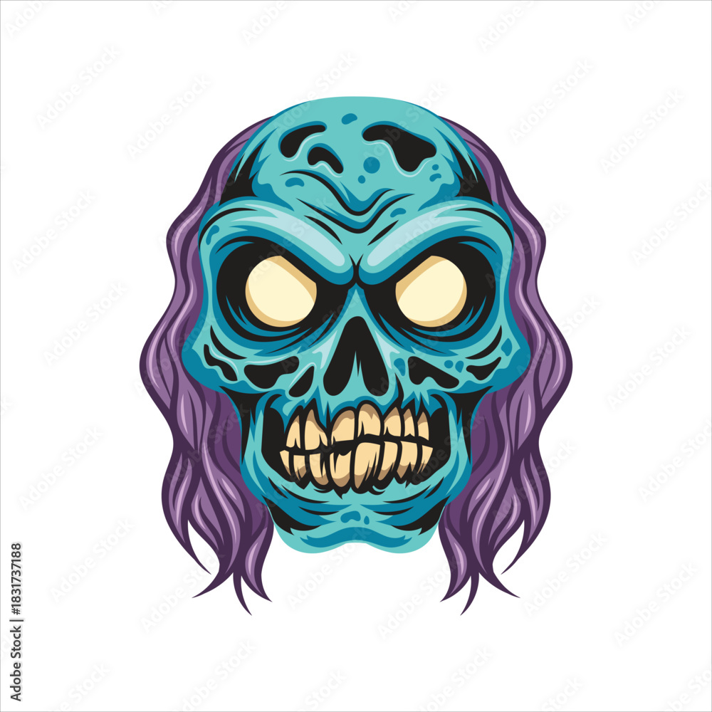 Fototapeta premium Creepy zombie monster skull head with purple hair illustration Vector