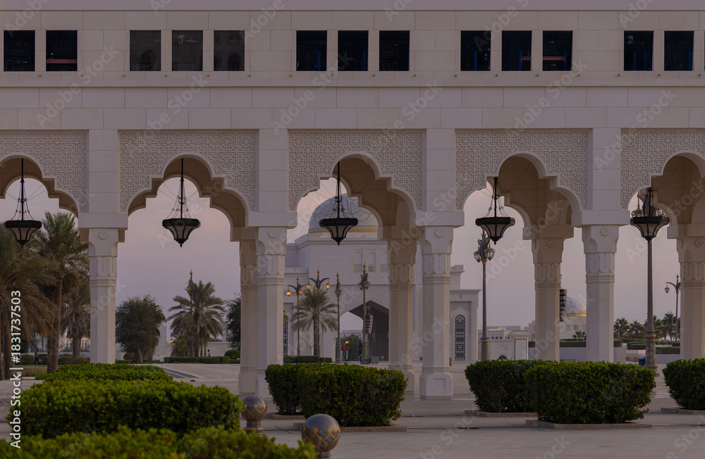 Fototapeta premium Elements of architecture of buildings, ancient arches, columns, windows and apertures. On the streets in Emirates, public places.