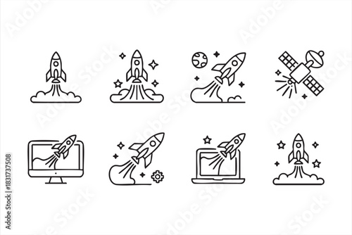 Startup Boost and Rocket Outline Icons for Product Launch and Digital UI Design