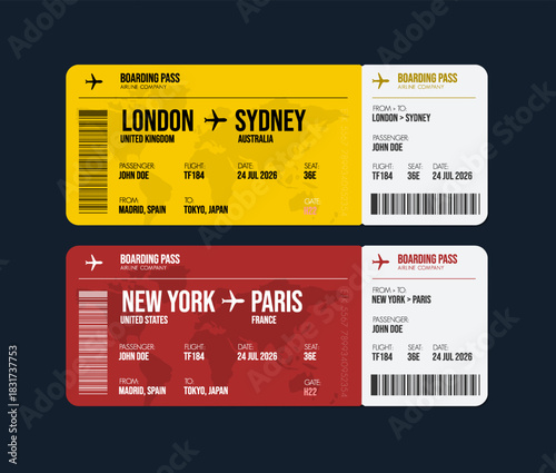 Airline ticket design. Airplane boarding pass with passenger name and destination. Travel, trip or business trip concept.