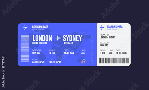 Airline ticket design. Airplane boarding pass with passenger name and destination. Travel, trip or business trip concept.