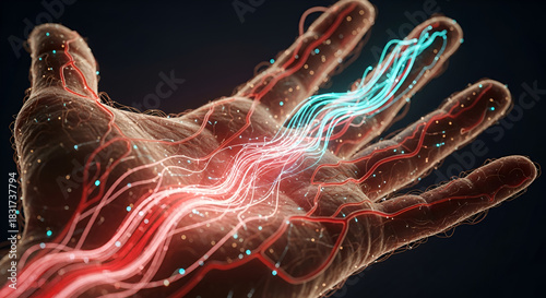 Close-up 3D render of a human hand showing intricate network of nerves and blood vessels with glowing energy flow.