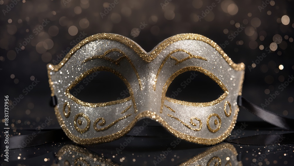 Fototapeta premium Glittering gold masquerade mask against dark background, resting upon reflective surface featuring soft bokeh lights, creating elegant festive atmosphere within dramatic studio lighting