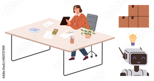 Person working on tablet at desk with plants, books, stationery, documents. Robot, bulb, boxes signify technology, creativity workflow enhancement efficiency automation. Ideal for office