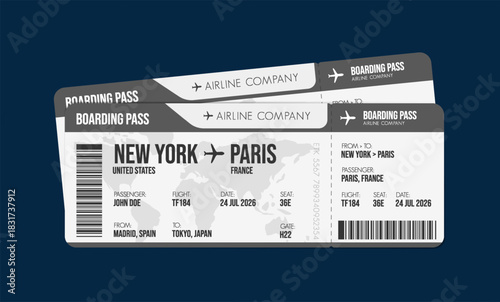 Airline ticket design. Airplane boarding pass with passenger name and destination. Travel, trip or business trip concept.