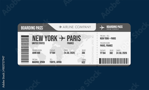 Airline ticket design. Airplane boarding pass with passenger name and destination. Travel, trip or business trip concept.