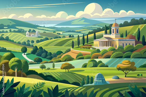 A view of the Stowe countryside showing rolling hills, peaceful countryside, historic English scenery, scenic tourist destinations and the quiet beauty of the outdoors in soft daylight.