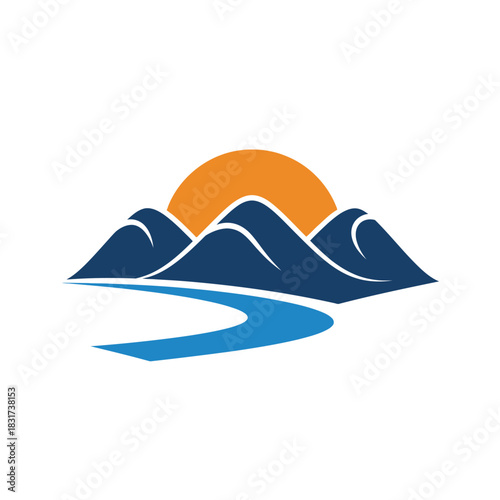 Minimalist Mountain & River Logo Design: Sunrise/Sunset Nature Icon for Environmental, Real Estate, or Travel Branding