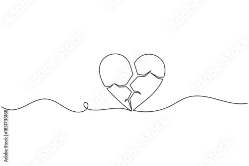 Single continuous line drawing of a broken heart symbol concept