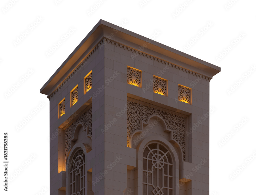 Fototapeta premium Evening view, illuminated eastern buildings. Architectural elements of buildings, ancient arches and columns. On the streets of the Emirates, in public spaces.