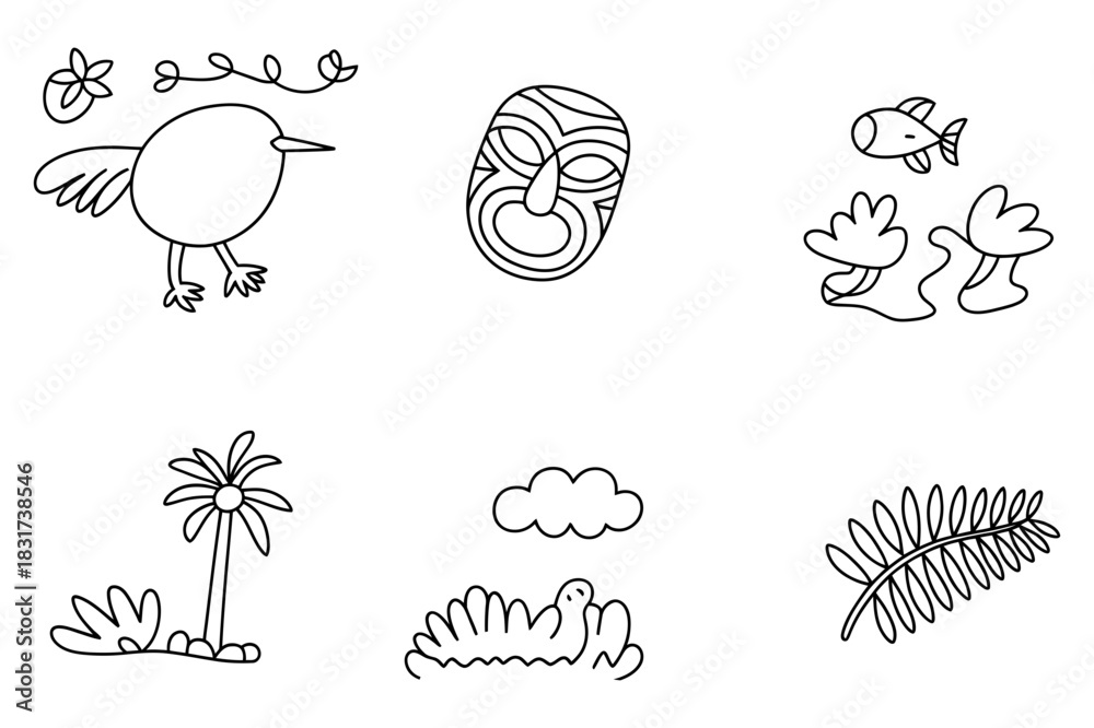 Obraz premium Minimalist Black and White Line Drawing Set of Birds, Mask, Palm Tree, Cloud, and Fern Leaf