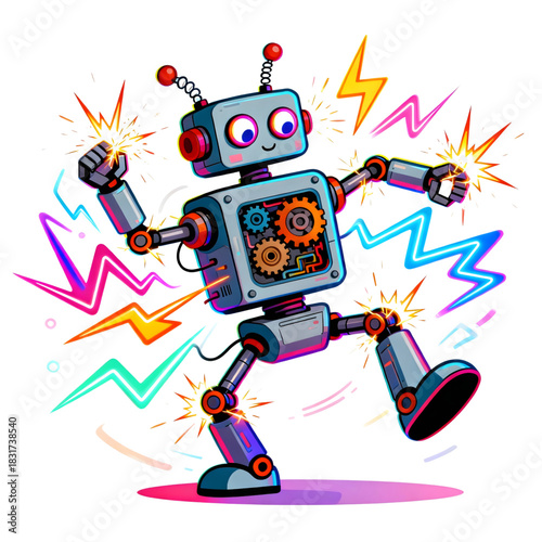 Cheerful Robot Surrounded by Neon Sparks and Electric Energy in Motion