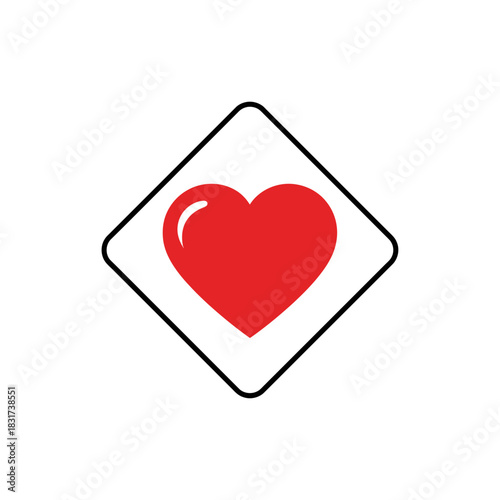 A vibrant red heart symbol centered within a white diamond shape with a black outline, isolated on a white background.