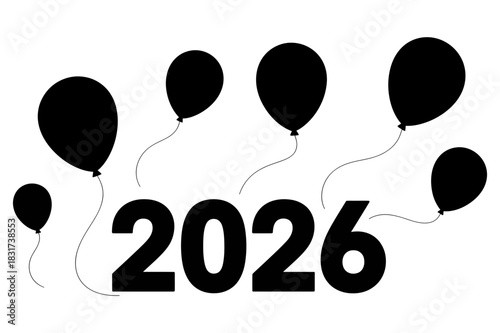 Minimalist Black and White Balloon Silhouette Design with 2026 Text