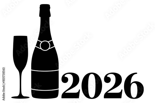 Minimalist Black and White Champagne Bottle and Flute Silhouette with 2026 Text