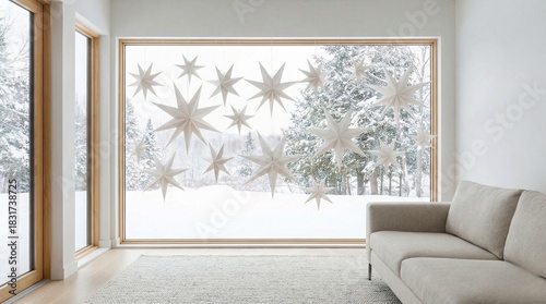 Christmas Living Room with Star Decorations and Copy Space