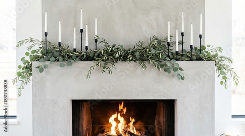 Christmas Fireplace Garland with Candles and Copy Space