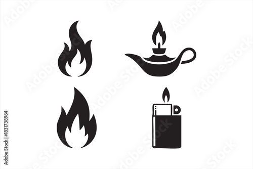 Burning Flame and Lighter Symbols in Line Art for UI Elements and Graphic Use