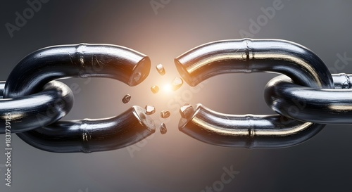 Powerful metal chain breaking apart with bright light, representing the civil rights freedom concept and end of injustice on Martin Luther King Day