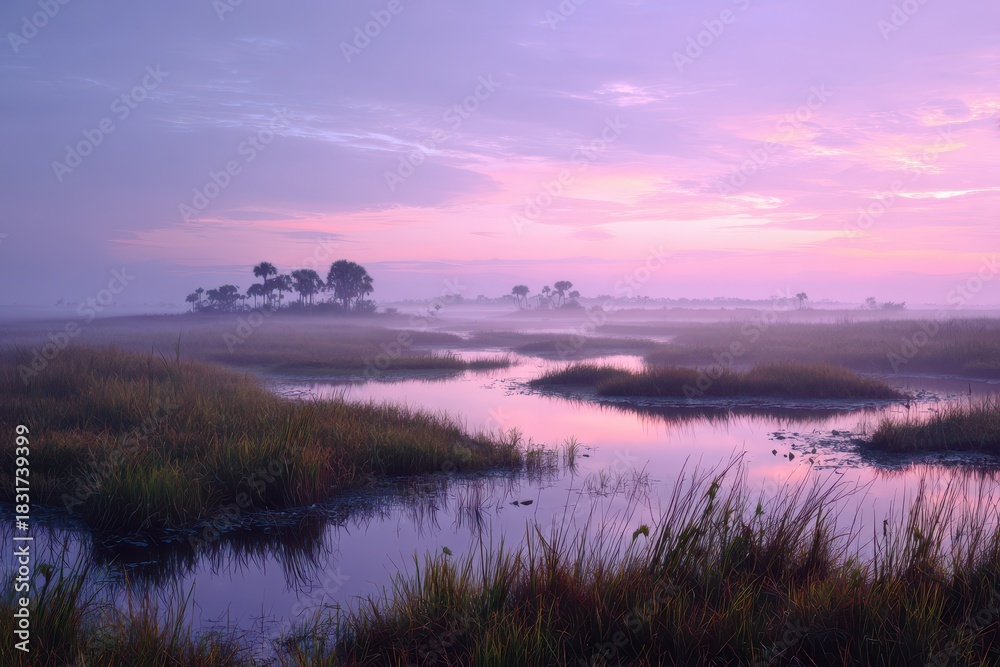 Fototapeta premium Florida Everglades panoramic landscape at golden hour over sawgrass marsh and winding waterway