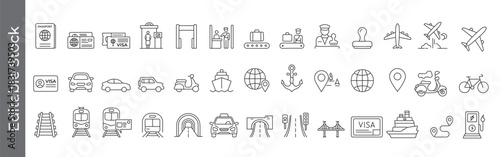 Travel, visa and transportation line icon set – editable outline symbols of passport, airplane, car, train, ship, map and location