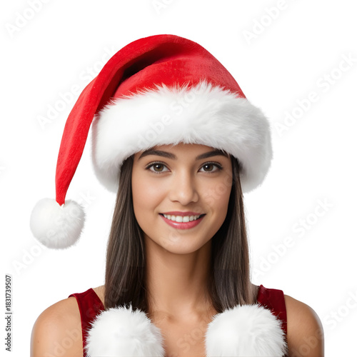 Smiling Young Woman in Santa Claus Hat and Outfit on a transparent background PNG 