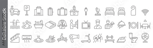 Hotel and hospitality line icon set – editable outline symbols of valet, parking, luggage, reception, room service, amenities and dining