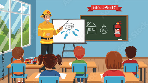 Fire Safety Lesson Classroom Scene with Teacher and Students Learning About Fire Prevention