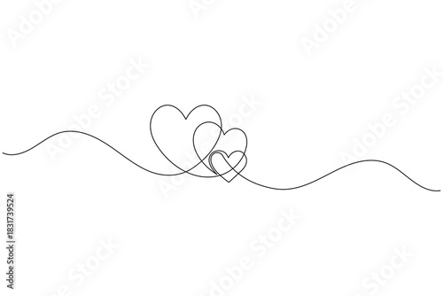 Continuous line art three hearts drawing. love, family, relationship.