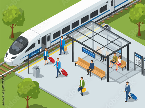 Isometric vector illustration of a modern high-speed train at a railway station platform with passengers and luggage
