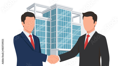 Professional business partners shaking hands in front of a modern corporate building, symbolizing successful agreement and collaboration