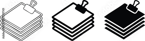 Stack of Documents with Clip Icon, Files and Documents Symbol Set, Clipboard or Notes Stack Icon, Stacked Paperwork Icons, illustration, vector.