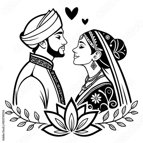 A black-and-white line drawing of a bride and groom in traditional Indian attire, facing each other with foreheads almost touching in a tender moment. The bride wears a saree with intricate patterns.