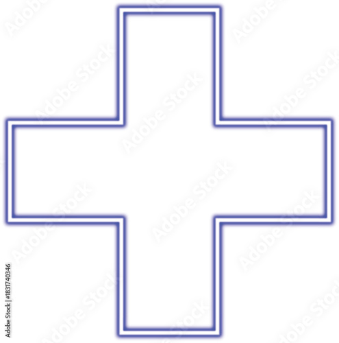 Glowing blue neon plus sign icon symbol with bright light for medical emergency hospital clinic first aid healthcare logo design