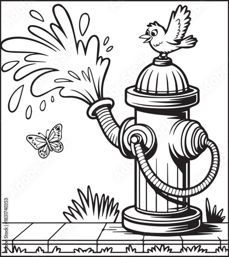Coloring page for kids, Cute firefighter fire hydrant vector line art illustration for coloring book