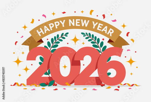 Festive Happy New Year 2026 vector with ribbon banner, leaves, confetti, and bright celebratory elements.
