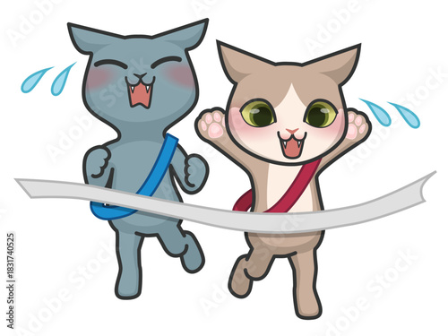 マラソンのゴールテープを切る2匹の猫のキャラクター