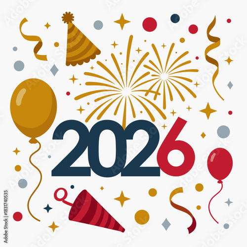 Playful New Year 2026 vector with fireworks, balloons, party hats, ribbons, and festive decorative elements.
