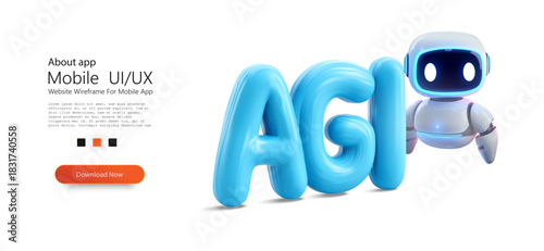 3D AGI lettering with friendly futuristic robot