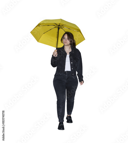 A young woman with yellow umbrella isolated