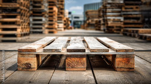 Wooden pallets stacked outdoors in an industrial yard with weathered textures and blurred background of additional pallet stacks in daylight