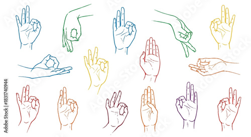Spiritual hand mudras collection, featuring various colorful hand-drawn gestures for yoga and meditation, rendered in a striking flat 2D vector illustration style on white.