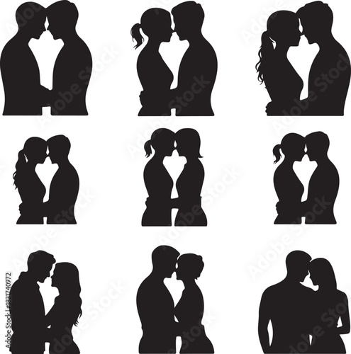 Collection of loving couples in silhouette romantic relationships and affection