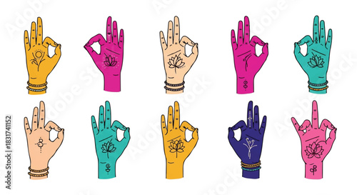 Spiritual yoga mudras are depicted through colorful hand gestures in a simple, vibrant 2D flat illustration against a white background, symbolizing meditation and balance.