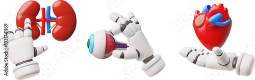 3D set of robotic hands holding and showing a human eye, heart, and kidneys.
