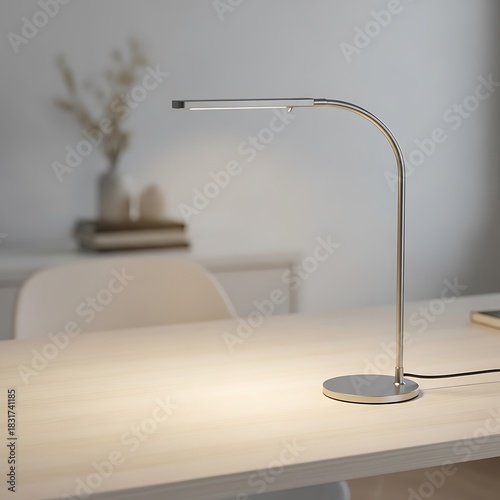 Modern silver led desk lamp illuminating a light colored tabletop