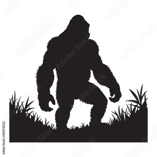Mighty gorilla silhouette standing firm on clean white jungle background