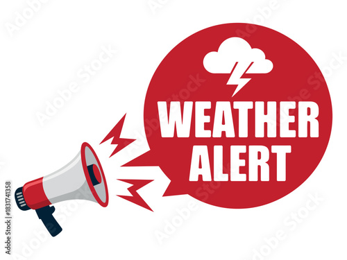 A red and white megaphone broadcasts a weather alert with a storm cloud and lightning bolt symbol, signifying an urgent announcement about impending meteorological conditions.