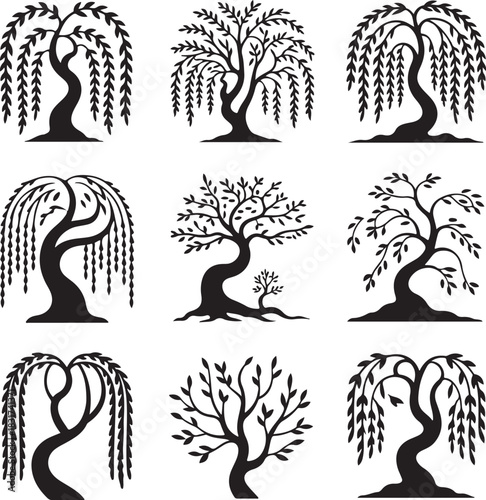 Collection of Silhouette Trees Graphic Elements Weeping Willow and Other Variants